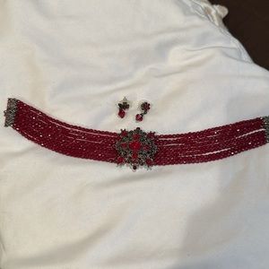 Vintage crystal Choker Dark Red Necklace with earrings